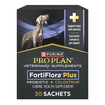 A 30 sachet box of Purina Pro Plan Veterinary Supplements FortiFlora Plus canine supplement with probiotic and colostrum.