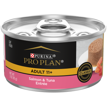 A can of Purina Pro Plan Adult 11+ Salmon & Tuna Entree senior wet cat food.