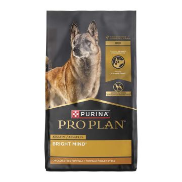 A bag of Purina Pro Plan Adult 7+ Bright Mind chicken and rice senior dry dog food.