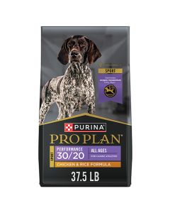 A bag of Purina Pro Plan Veterinary Diets Adult Performance 30/20 Chicken & Rice Formula dry dog food.