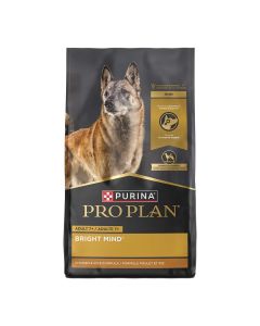 A bag of Purina Pro Plan Adult 7+ Bright Mind chicken and rice senior dry dog food.