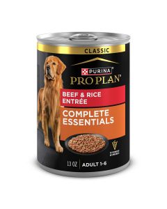 13oz can of Purina Pro Plan Complete Essentials beef and rice wet dog food