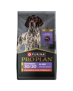 Bag of Purina Pro Plan Sport 30/20 salmon and rice dry dog food.