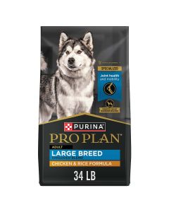 34 lb. bag of Purina Pro Plan Large Breed Shredded Blend chicken and rice dry dog food