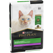 A bag of Purina Pro Plan  Indoor Hairball Formula turkey dry cat food.