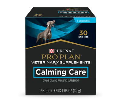 A 30 sachet box of Purina Pro Plan Veterinary Supplements Calming Care canine probiotic supplement.