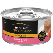 A can of Purina Pro Plan Adult 11+ Salmon & Tuna Entree senior wet cat food.
