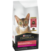 A bag of Purina Pro Plan sensitive skin and stomach dry cat food.