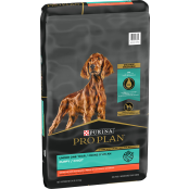 A bag of Purina Pro Plan Puppy Sensitive Skin & Stomach Salmon & Rice dry puppy food.