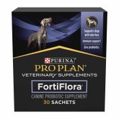 A 30 sachet box of Purina Pro Plan Veterinary Supplements FortiFlora canine probiotic supplement.