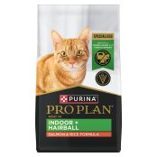 A bag of Purina Pro Plan Indoor Hairball salmon and rice dry cat food.