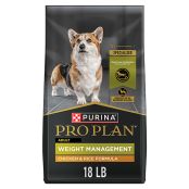 A bag of Purina Pro Plan Weight Management chicken and rice dry dog food.