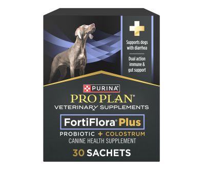 A 30 sachet box of Purina Pro Plan Veterinary Supplements FortiFlora Plus canine supplement with probiotic and colostrum.