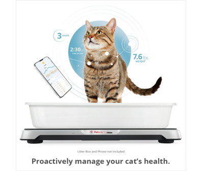 A cat using the Petivity Smart Litter Box Monitor with the text: Proactively manage your cat's health.