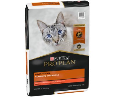 A bag of Purina Pro Plan Complete Essentials salmon and rice formula dry cat food.
