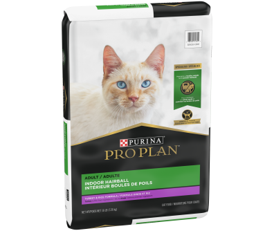 A bag of Purina Pro Plan  Indoor Hairball Formula turkey dry cat food.