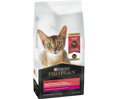 A bag of Purina Pro Plan sensitive skin and stomach dry cat food.