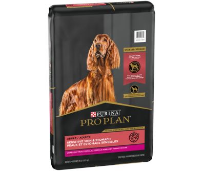 A bag of Purina Pro Plan Sensitive Skin & Stomach Lamb & Oatmeal dry dog food.