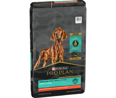 A bag of Purina Pro Plan Puppy Sensitive Skin & Stomach Salmon & Rice dry puppy food.