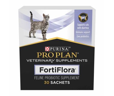 A 30 sachet box of Purina Pro Plan Veterinary Supplements FortiFlora feline probiotic supplement.