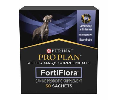 A 30 sachet box of Purina Pro Plan Veterinary Supplements FortiFlora canine probiotic supplement.