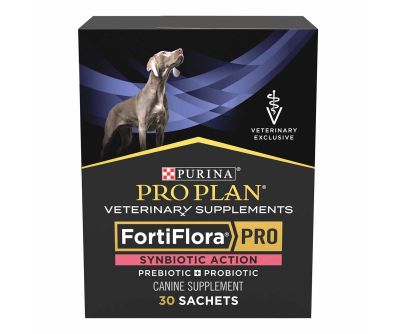 A 30 sachet box of Purina Pro Plan Veterinary Supplements FortiFlora PRO Synbiotic Action dog probiotic supplement.