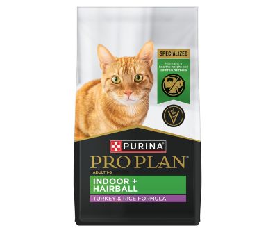 A bag of Pro Plan Indoor Hairball Turkey and Rice dry cat food.