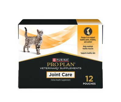 A 12 pouch box of Pro Plan Veterinary Supplements Feline Joint Care liquid supplement