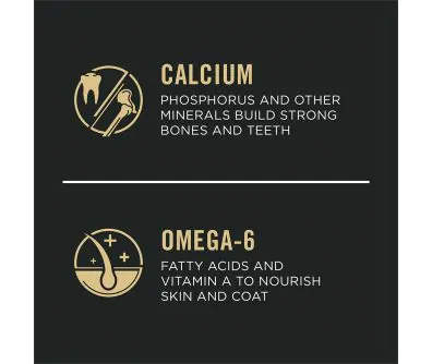 Dog food package label highlighting 'Calcium' and 'Crunchy Kibble'