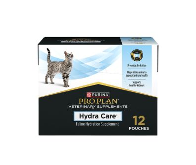 Purina Pro Plan Veterinary Supplements Hydra Care feline hydration supplement box with cat image; 12 pouches, supports hydration and urinary health.