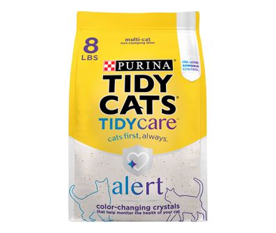An 8 pound bag of Tidy Cats Tidy Care Alert color changing cat litter.